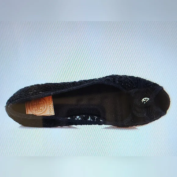 TORY BURCH JACKIE BLACK LACE CROCHET ESPADRILLE WEDGE GOLD LOGO WOMEN'S SIZE 8 - Picture 5 of 14
